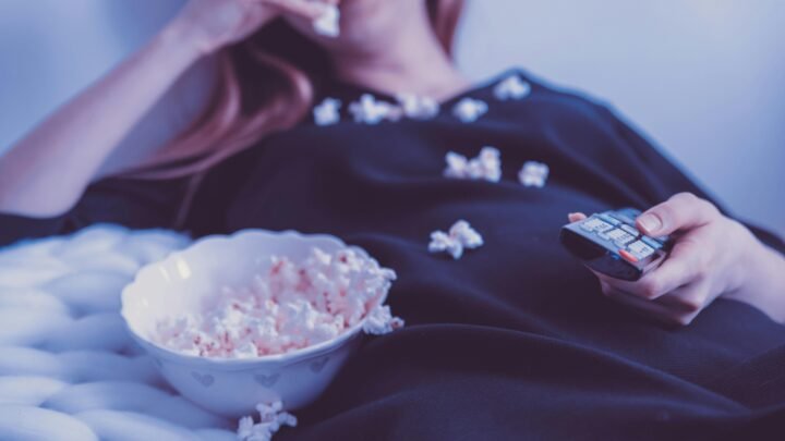 Popcorn and a movie night entertainment setup